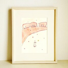 原画「桜の季節」 イラスト・水彩・木製額縁入り・八つ切りサイズ・桜・犬・春