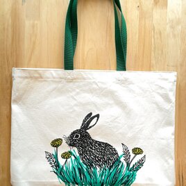 rabbit and dandelion large tote w/long green handleの画像