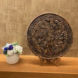 鳳凰牡丹40㎝　大型円型彫刻（アンティーク調） 壁掛け金具・台座付きの画像