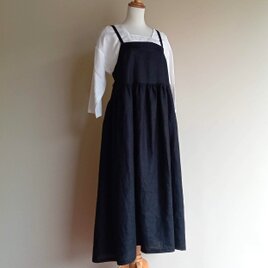 リネン◆キャミソールワンピース◆黒◆フリーサイズ（中厚、リネン100％）
