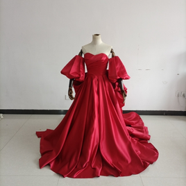 即納！サテン パーティードレス ボルドー色 ベアトップ パフスリーブ 編み上げ 花嫁