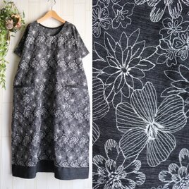 sale ダンガリー 総刺繍 ドルマンスリーブ ポケット付き ワンピース 黒色 花柄 ボタニカル 3L  送料無料の画像