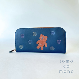刺繍革財布『SHABON＆bear』NAVY（牛革）ラウンドファスナー☆「青」☆