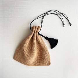 天然ヘンプ・手編みタッセル付き巾着バッグの画像
