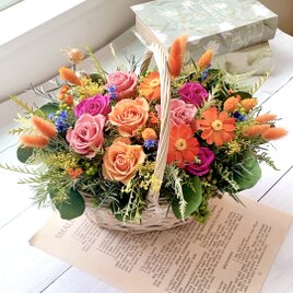 オレンジの華やか秋色バスケット　/プリザーブドフラワー/新築祝い/結婚祝い/開店祝い/出産祝い/敬老の日の画像