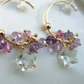 k18yg☆星形グリーンアメジストと天然石のフープピアス＊18金