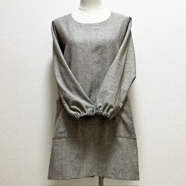 チュニックのような割烹着☆先染綿麻スペックでカジュアルに！（ブラウン）