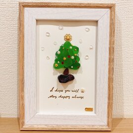 シーグラスアート　クリスマスツリー　グリーン　ヒーリングアート　絵画　インテリア　飾り