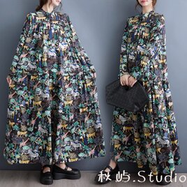 New秋色~  花柄ゆったりワンピース 長袖ロング丈スカート. レトロ 綿 .コットン  春秋★