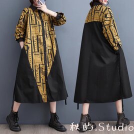 新作 秋色~イェロー.カジュアルシャツスカート 着やせ ワンピース  レトロ  長袖 綿 ゆったり 春秋★