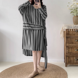 送料０♪ストライプのカジュアルトップスワンピース.ゆったりサイズ綿.(赤/グレー)