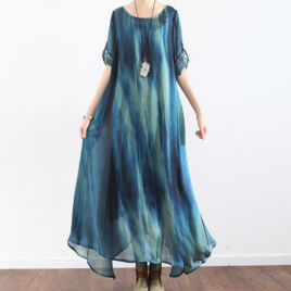 送料０♪上品.シルクサテンのワンピース.ロングスカート.キャミソールスカート.ゆったり【ブルー】