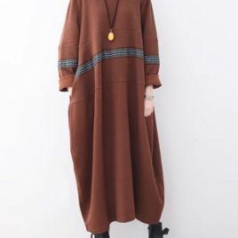 送料０♪人気.厚手コットンワンピース 綿　ハイネックミディアム丈【コーヒ色】