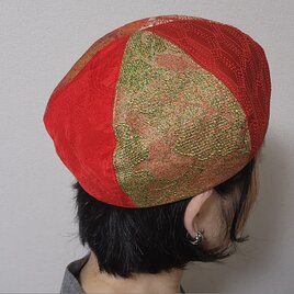 ベレー帽  赤色系パッチワーク風 丸いシルエット S～Mサイズの画像