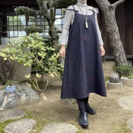 着物リメイク】紬のふんわりワンピース/ボートネック/ピンタック/絹