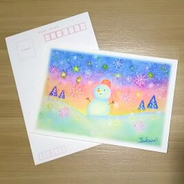 雪だるま絵葉書2枚　透明水彩ポストカード　クリスマス　寒中お見舞いの画像