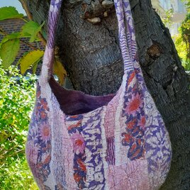 布フェルトBag　あかるい冬の夜　パープル　ピンク　花柄～（羊毛フェルト・インド綿・ブロックプリント・ドット柄・ストライプ）の画像