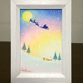 パステルアート　オーロラ色のクリスマス・ナイトとサンタクロース　パステル画原画の画像