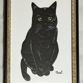 額装済み切り絵作品・黒猫1の画像