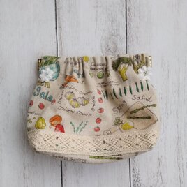 リネン雑貨　バネ口ポーチ　野菜柄