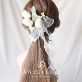 【選べる6色】チューリップ オーガンジーリボン ヘッドドレス ヘアアクセサリー 髪飾り＊ウェディング 結婚式 白無垢 成人式の画像
