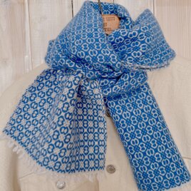 ＊手織り＊お花模様のブルーのカシミヤラムウールマフラーの画像