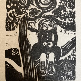 手摺り木版画シート「絵日記ー木の上の少女」の画像