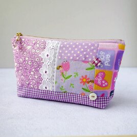 レトロ紫＊可愛いプリント地とギンガムチェックのポーチ