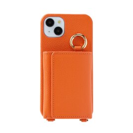 最高品質 iPhone15 Plus 本牛革 レザー カバー 財布付き ケース オレンジ ストラップ 職人 ハンドメイド 個性的の画像
