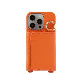 最高品質 iPhone15 Pro 本牛革 レザー カバー 財布付き ケース オレンジ ストラップ 職人 ハンドメイド 個性的の画像