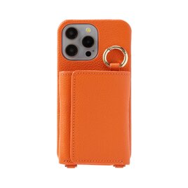 最高品質 iPhone15ProMax 本牛革 レザー カバー 財布 ケース オレンジ ストラップ 職人 ハンドメイド 個性的の画像