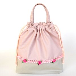 Mサイズ お着替えバッグ　入園　入学　花　レース　フリル　ピンク　スモーキーピンク　くすみピンクの画像