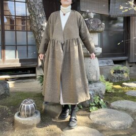 【着物リメイク】絹のカシュクールワンピース/ひげ紬/ギャザーの画像