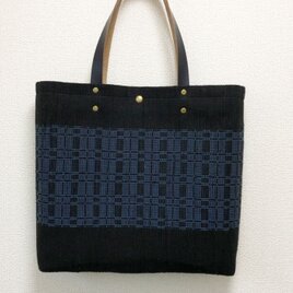 裂き織り　黒×水色チェックのバッグ（牛革持ち手）の画像