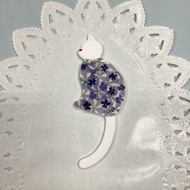 猫型マグネットフック　押し花　ブルー系の画像