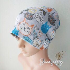 おしゃれで可愛いハンドメイド帽子《猫♡ネコ♡ねこ♡》ダブルガーゼ　おしゃれな医療用帽子　ケア帽子　カフェ帽子の画像