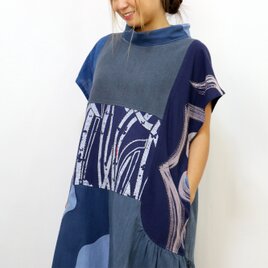 藍染め手織り綿手描き刺繍ワンピース、ゆったりサイズ、オールシーズンの画像