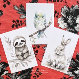 ナマケモノ 小鳥 うさぎ 水彩画 イラスト アート ３枚 ハガキ ポストカード セット ♪の画像