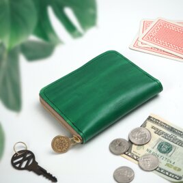 ラウンドファスナー コンパクト 財布（リーフ グリーン）ハンドペイント 牛革 緑の画像