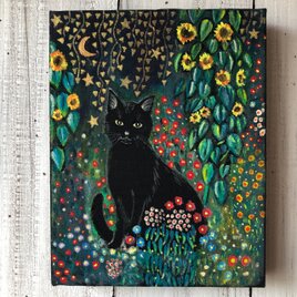 「クリムトの庭の黒猫」F0サイズ アート作品 原画 猫 徳島洋子作品 アクリル画の画像