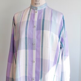 手織りのシルクロングシャツ　パープル＆グリーンストライプの画像