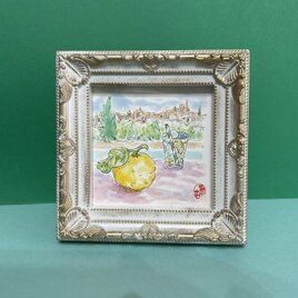 柚子と宮殿(ミニ原画、透明水彩、スペイン、グラナダ、写真立て付き）の画像
