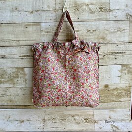 大人かわいい小花柄巾着トートバッグ(ピンク) ナイロン　撥水　軽量　持ち運び可能　エコバッグ　サブバッグの画像