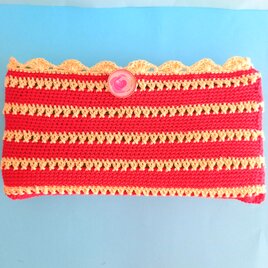 選べるお花ピンバッチ付き　手編みレース　長財布カバー　赤×ゴールドラメの画像