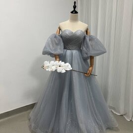 カラードレス ブルーグレー ベアトップ ソフトチュール 取り外しふわふわ袖 前撮り 結婚式の画像
