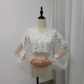 フランス風 ボレロ ふわふわ袖 Vネック くるみボタン 美しい花レース 花嫁/ウェディングドレスの画像