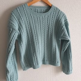 ミントブルー　手編みガンジーセーターの画像