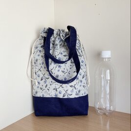 保温保冷シート付き巾着型エコバッグ（青い花）の画像