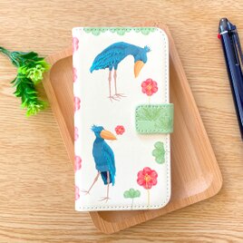 【受注製作品】花とハシビロコウのiPhoneケース《Android対応》手帳型スマホケース 名入れ 動物 鳥 可愛いの画像