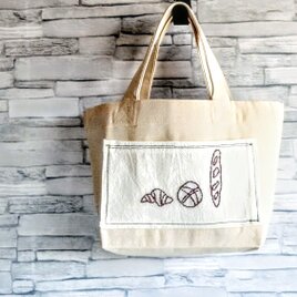 【刺繍】ミニトートバッグ　3種類の茶色いパンのポケット　帆布　生成り　手提げ　ランチバッグ　コットン　Sサイズの画像
